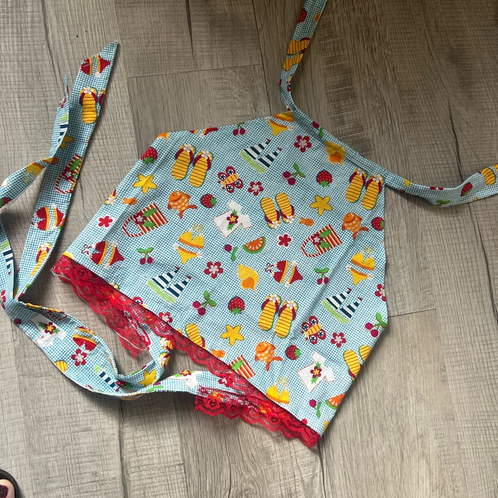 Colorful homemade halter top  with Red Lace Trim